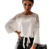 Blouses Femmes Femmes Top Crochet Broderie Dentelle Blouse Trois Quarts Manches Couture Chemise Couleur Unie Up Lâche OL Style T-shirt