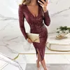 Casual Dresses Women Elegant Dress Long Sleeve V Neck Midi Sequin med hög slitscocktail Wedding Guest Birthday Club Party