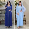 Etnische kleding moslim elegante lange mouw V-hals blauw roze diamanten feestavondjurk maxi mode abaya 2024