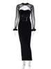 Hugcitar Feather Mesh Long Sleeve Patchwork Velvet Hollow Out Elegant Sexy Maxi Dress Winter Birthday Party Y2K Outfit 240106