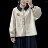 Blusas femininas mori boneca colarinho bordado algodão linho manga comprida camisa top primavera