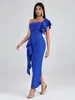 Casual Dresses Long Bandage Dress Women Party BodyCon Elegant Ruffle Blue Sexig One Shoulder Födelsedag Klubbkläder år 2024