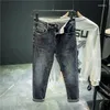 Heren Jeans Harajuku Mode Slim Fit Stretch Denim Voor Mannen Lente En Herfst Casual Blauw Grijs Water Wassen lange Broek Luxe