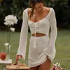 Damen-Badebekleidung 2024 Bikini-Vertuschung Strand Weiß Häkeltunika Gestricktes Sommer-Bodycon-Minikleid Durchsichtiges, aushöhlen Sexy Frauen-Vertuschung