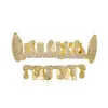 18k Yellow White Gold Plated Full CZ Hip Hop Iced Out CZ Mouth Teeth Grillz Caps Top Bottom Grill Set Men Women Vampire Grills