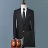 Men's Suits Men Pants Set Solid Color Business Workwear 2pcs Lapel Long Sleeve Slim Fit Mid-rise For Professional Style