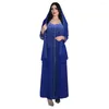 Etnische kleding moslim elegante lange mouw V-hals blauw roze diamanten feestavondjurk maxi mode abaya 2024