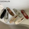 Suojialun Women Flat Fashion Square Toe ضحلة على السيدات أحذية الباليه غير الرسمية من الجلد الناعم في الهواء الطلق S 240106