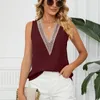 Blusas de mujer Camisa de gasa de color sólido de verano Mujeres sueltas de encaje Patchwork Ahuecado Jersey con cuello en V Sin mangas Top Chaleco Office Lady