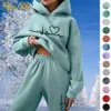 Tvåverk set casual fleece tracksuit Women Autumn Winter Love Print Hooded Long Sleeve Hoodie Sport Pants Set Warm Suit 240106