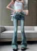 Jeans pour femmes Vintage Taille Haute Flare Femmes Cross-Sangle-Ceinture Bell Bottoms Slim Bootcut Pantalon Grunge Y2k Pantalon Streetwear