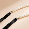 Goth Wedding Party Jewelry Long Black Ribbon Choker Necklace For Women Elegant White Imitation Pearl Beach Vacation Necklaces