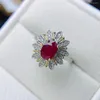 Cluster Ringen FS 5 7 Natuurlijke Ellips Ruby Bloem Ring S925 Sterling Zilver Fijne Mode Charme Bruiloft Sieraden Voor Vrouwen MeiBaPJ