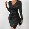 Elegant Bright Silk Long Sleeve Ruched Mini Dress Women Sexig Deep V Slit Night Club Party Evening Dress Female Autumn Vestidos 240106