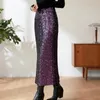 Spódnice cekinowe dla eleganckich kobiet wiosna jesienna koreańska moda błyszcząca fioletowa długie opakowanie biodra boczna szczelina szczupła romantyczna sukienki