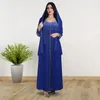 Etnische kleding moslim elegante lange mouw V-hals blauw roze diamanten feestavondjurk maxi mode abaya 2024