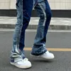 Vintage nödställda stänk av bläckflare jeans herr streetwear lapptäcke hip hop graffiti tung tvätt blå smal fit denim byxor män 240106
