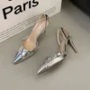 Y2K Silver High Heels Sandaler Kvinnor Summer 2024 Punk Goth Point Toe Party Shoes Woman Metallic Thin Heeled Dress Pumps Ladies 240106