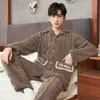 Men's Sleepwear 2024 Autumn Winter Men Pajama Coral Velvet Pyjamas Warm Cartoon Teen Heavy Fleece Nightdress Lapel Breasted Set