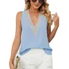 Blusas de mujer Camisa de gasa de color sólido de verano Mujeres sueltas de encaje Patchwork Ahuecado Jersey con cuello en V Sin mangas Top Chaleco Office Lady