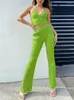 Women's Two Piece Pants Women Sexy Retro Green Knitted Set Female Suit Navel Halter Hollow Vest And Striped Knit Slim Fit Flared