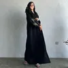 Vêtements ethniques 2024 Ramadan Islam Abaya Kaftan Noir Brodé Feuille Motif Robe Femme Musulmanefor Europe et Amérique
