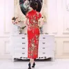 Etniska kläder kinesiska traditionella klänningsblomma tryck elegant kortärmad cheongsam stativ krage täta kroppskon kvinnor