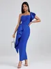 Casual Dresses Long Bandage Dress Women Party BodyCon Elegant Ruffle Blue Sexig One Shoulder Födelsedag Klubbkläder år 2024