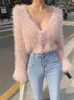 Malhas femininas fuzzy malha macia sexy dee decote em v camisola curta primavera moda preto branco rosa vison cashmere cardigan manga longa solta topos