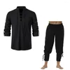 Fatos masculinos cintura elástica calças com cordão renascentista medieval estilo viking camisa calças conjunto com colarinho laço-up longo para homens