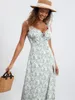 Casual Dresses Wsevypo Bohemian Floral Print Tank Dress Summer Kvinnors ärmlös Ruffled Tie-up Sweetheart Neck Long For Party Beach