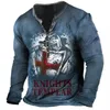 Vintage coton hommes T-shirts 3D imprimé chevalier gothique à manches longues décontracté Henley chemise haut surdimensionné t-shirt homme Punk pull 240106