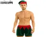 Ensemble de lingerie sexy de Noël pour hommes Boxer avec cloches Chapeau de Noël Elf vert Cosplay Outfit Homme Club Wear Fancy Dress LY9504615