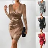 Elegant Bright Silk Long Sleeve Ruched Mini Dress Women Sexig Deep V Slit Night Club Party Evening Dress Female Autumn Vestidos 240106