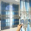 Window Blinds Embroidery Tulle Curtain For Living Room Europe Luxurious Blue Window Screen High End Kitchen Drape Panel AD511H 240106