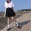 Kläder sätter elastisk midja japanska studentflickor Söt skol uniform fast färg jk kostym veckad kjol kort/mitt/lång hög klänning