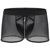 Cuecas homens sexy falso couro sheer malha retalhos boxer calcinha zip-up convexo bolsa perspectiva shorts lingerie erótica