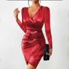 Elegant Bright Silk Long Sleeve Ruched Mini Dress Women Sexig Deep V Slit Night Club Party Evening Dress Female Autumn Vestidos 240106