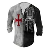 Vintage coton hommes T-shirts 3D imprimé chevalier gothique à manches longues décontracté Henley chemise haut surdimensionné t-shirt homme Punk pull 240106