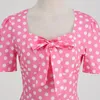 Casual Dresses 2024 Pink Plaid Swing Party Women Elegant Vintage Square Collar Kortärmad Summer Bow Dots klänning