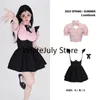 Arbeitskleider 2024 Sommer Kawaii Kleidung Rosa Y2k Crop Tops Bluse Schwarzes Minikleid Zweiteiliges Set für Frauen Lässiger figurbetonter koreanischer Anzug Chic