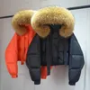 Janveny grande fourrure de raton laveur naturel à capuche hiver luxe doudoune femmes court moelleux manteau femme canard pain Parkas 240106