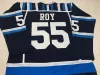 Индивидуальные хоккейные майки CCM # 55 Nicolas Roy Chicoutimi Sangueeneens с нашивкой C Vintage Pro Stock темно-синего цвета, сшитые S-6XL
