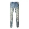 Jeans pour hommes Arrivées Bleu clair Slim Fit Streetwear Distressed Skinny Stretch High Street Trous Bandana Patchwork Ripped