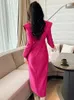 High Quality Fashion Prom Dress Women Chic Professional Rose Red White Contrast Ruffle Slit Robe Business Party Vestidos Spring 240106