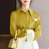 Women's Blouses Women Blouse Long Sleeve Lapel Button Pocket Satin Striped Contrast Color Shirt Spring Fall Office Lady Elegant Loose Tops