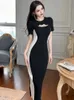 Summer Elegant Goddess Style Midi Dress Women Black White Contrast Cut Out BodyCon Robe Office Lady Professional Vestidos 240106