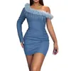 Casual Dresses Backless Oblique Shoulder One Dress Solid Color Women Furry Denim Long Sleeve Sexy Style Vacation Outfit