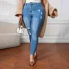 Kvinnors jeans stretchiga mager knubbig tjej med hög midjehål rippad push up colombian smal fit denim byxor damer jegings