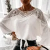 Blouses Femmes Femmes Top Crochet Broderie Dentelle Blouse Trois Quarts Manches Couture Chemise Couleur Unie Up Lâche OL Style T-shirt